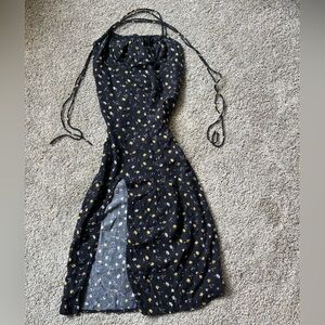 Floral Black and Yellow Drawstring Dress